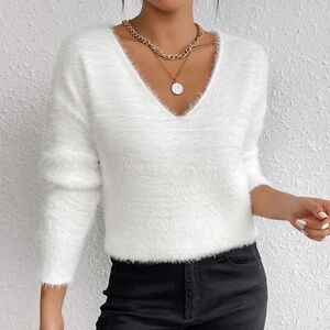 White Fuzzy V-Neck Pullover Knit Sweater Long Sleeve